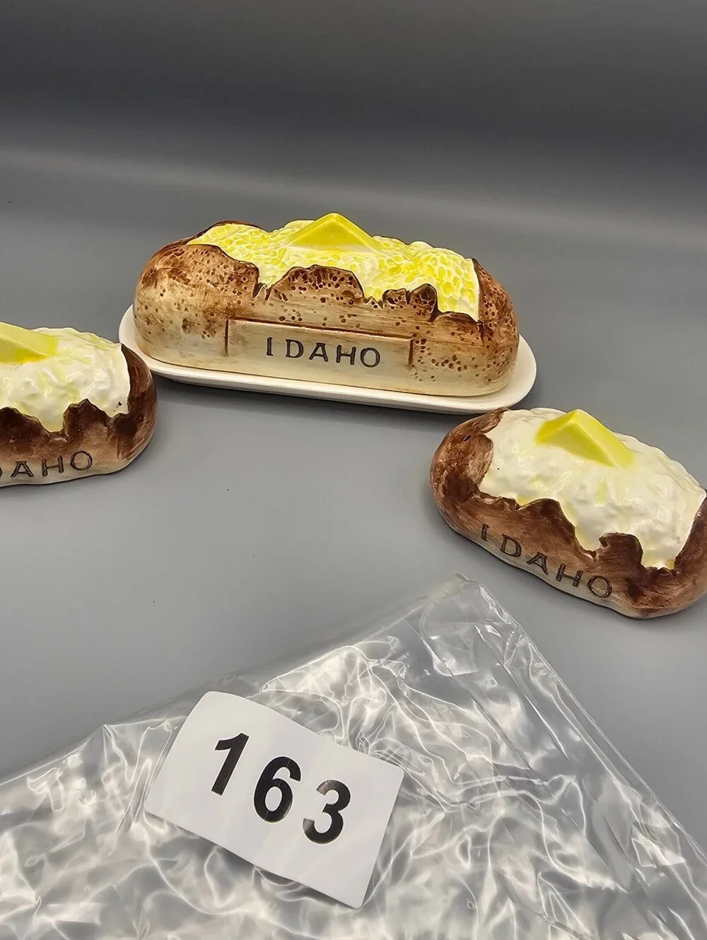 Vintage Idaho Baked Potato Ceramic Salt and Pepper Shakers with Butter Dish